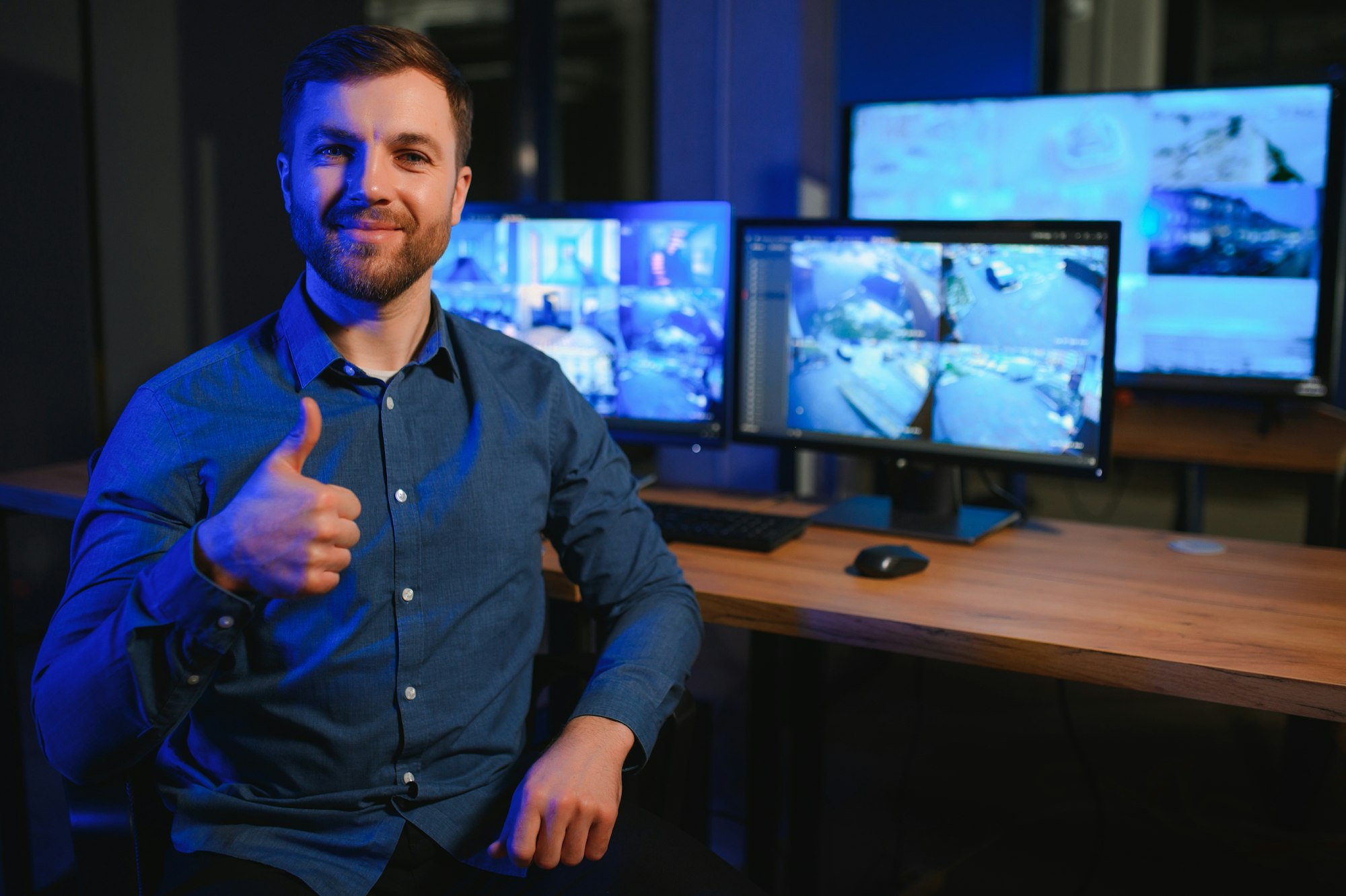 Male security guard monitoring modern CCTV cameras indoors