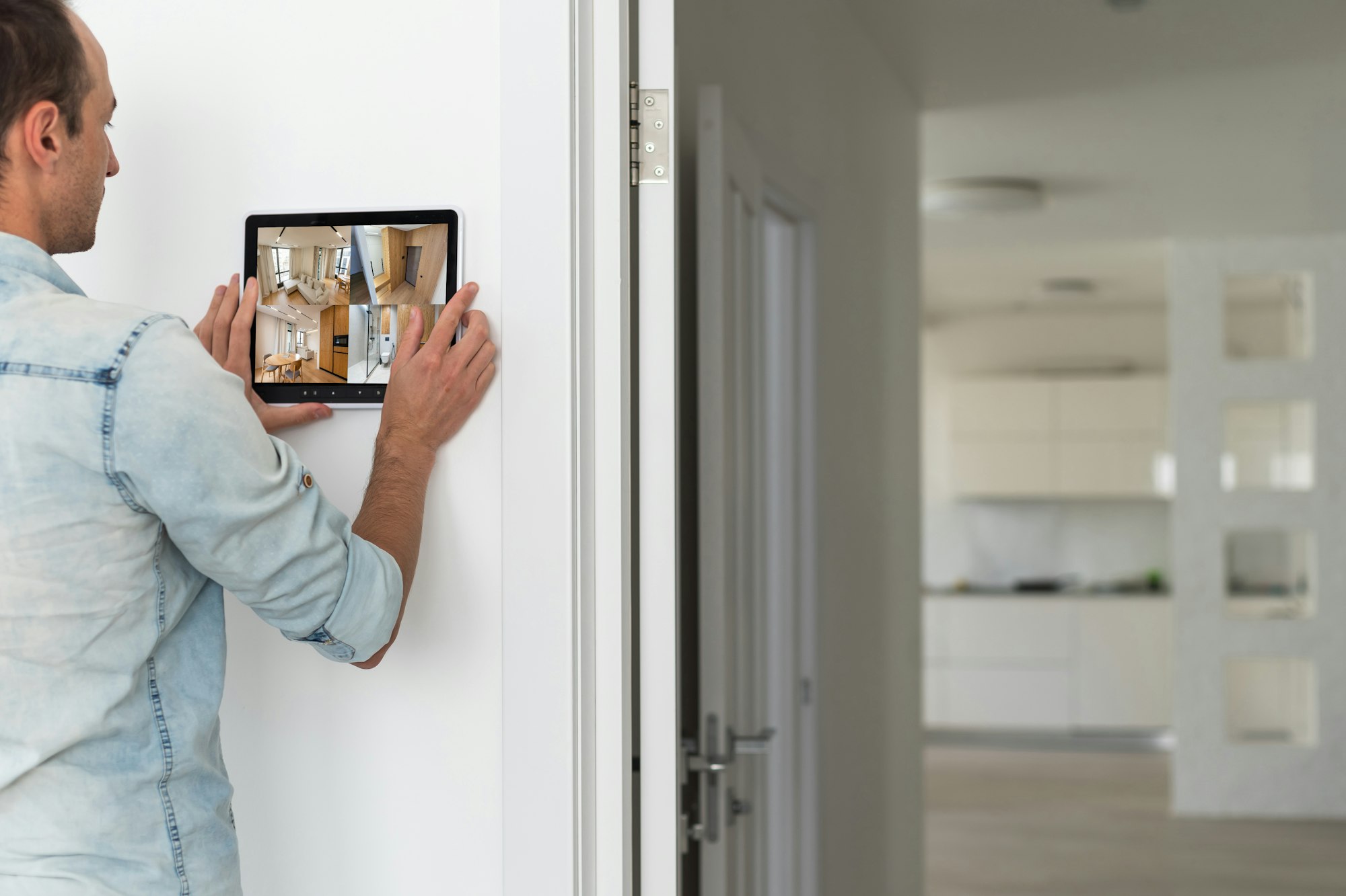 man watching delivery man on security camera cctv video on tablet